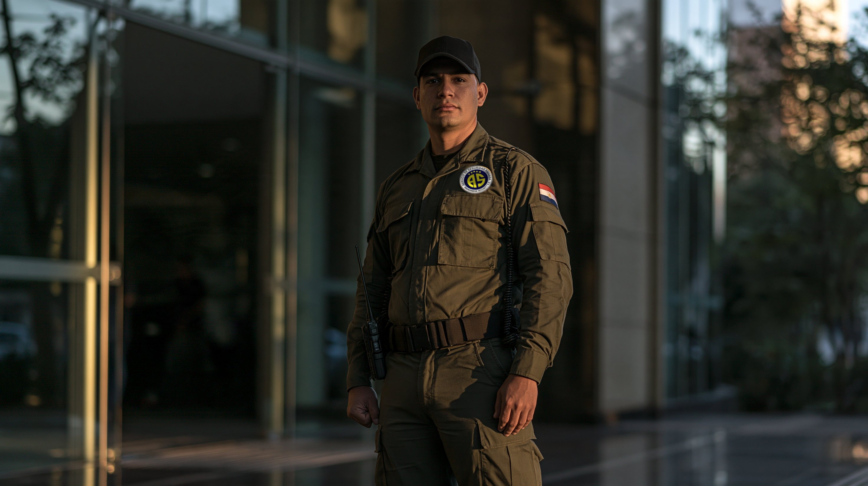 Guardia de Andromeda Security con el logo de la empresa en el pecho, frente a un edificio corporativo